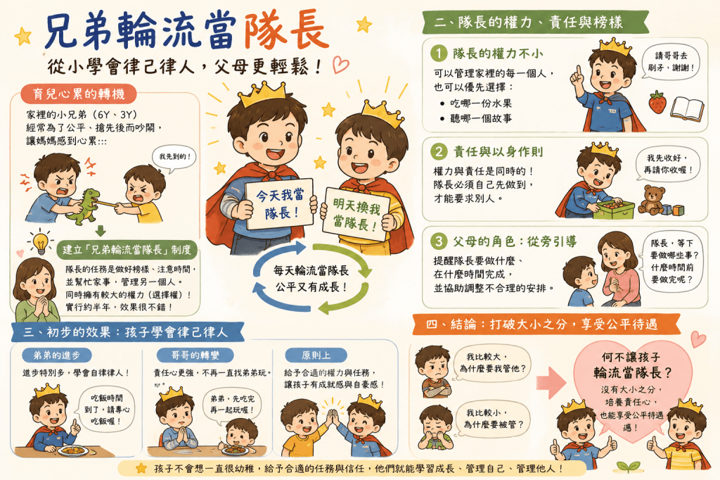 手足吵架吵不停？實測「兄弟輪流當隊長」制度：培養 6 歲與 3&nbsp;歲孩子的責任感與領導力